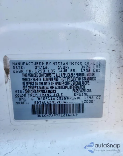 2019 Nissan Versa S z USA, uszkodzony, nr VIN 3N1CN7AP7KL816313